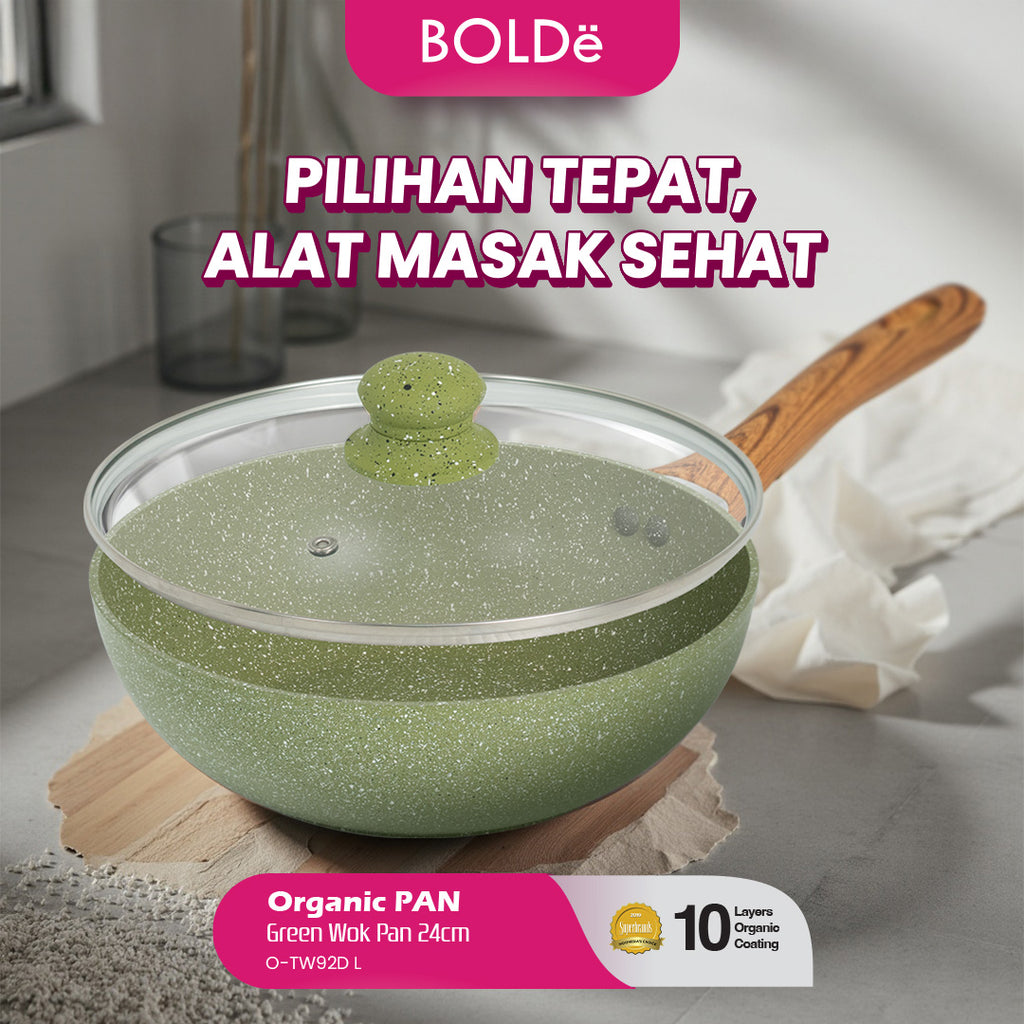 ORGANIC GREEN WOK PAN 24 cm + Glass Lid