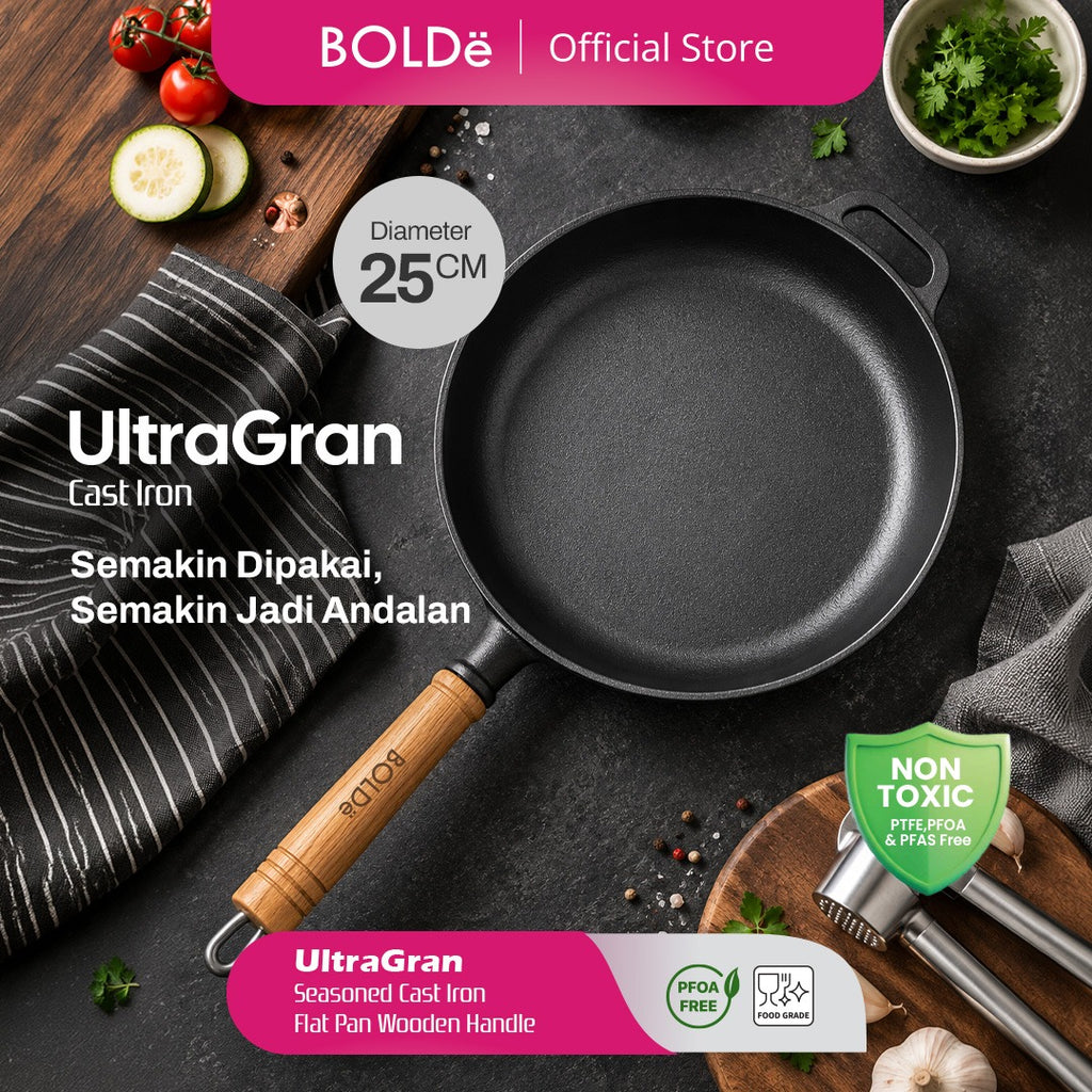 BOLDe UltraGran Cast Iron Flat Pan Wooden Handle 25 cm