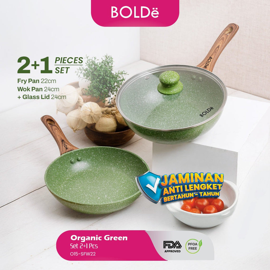 Organic Green 3pcs set Fry Pan 22 + Wok 24