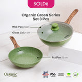 Organic Green 3pcs set Fry Pan 22 + Wok 24