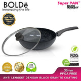 WOK ( WAJAN ) 28 cm + GLASS LID, Granite BLACK DARK KNIGHT