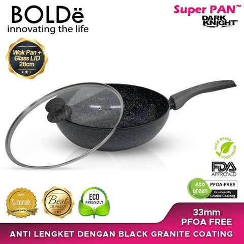 WOK ( WAJAN ) 28 cm + GLASS LID, Granite BLACK DARK KNIGHT